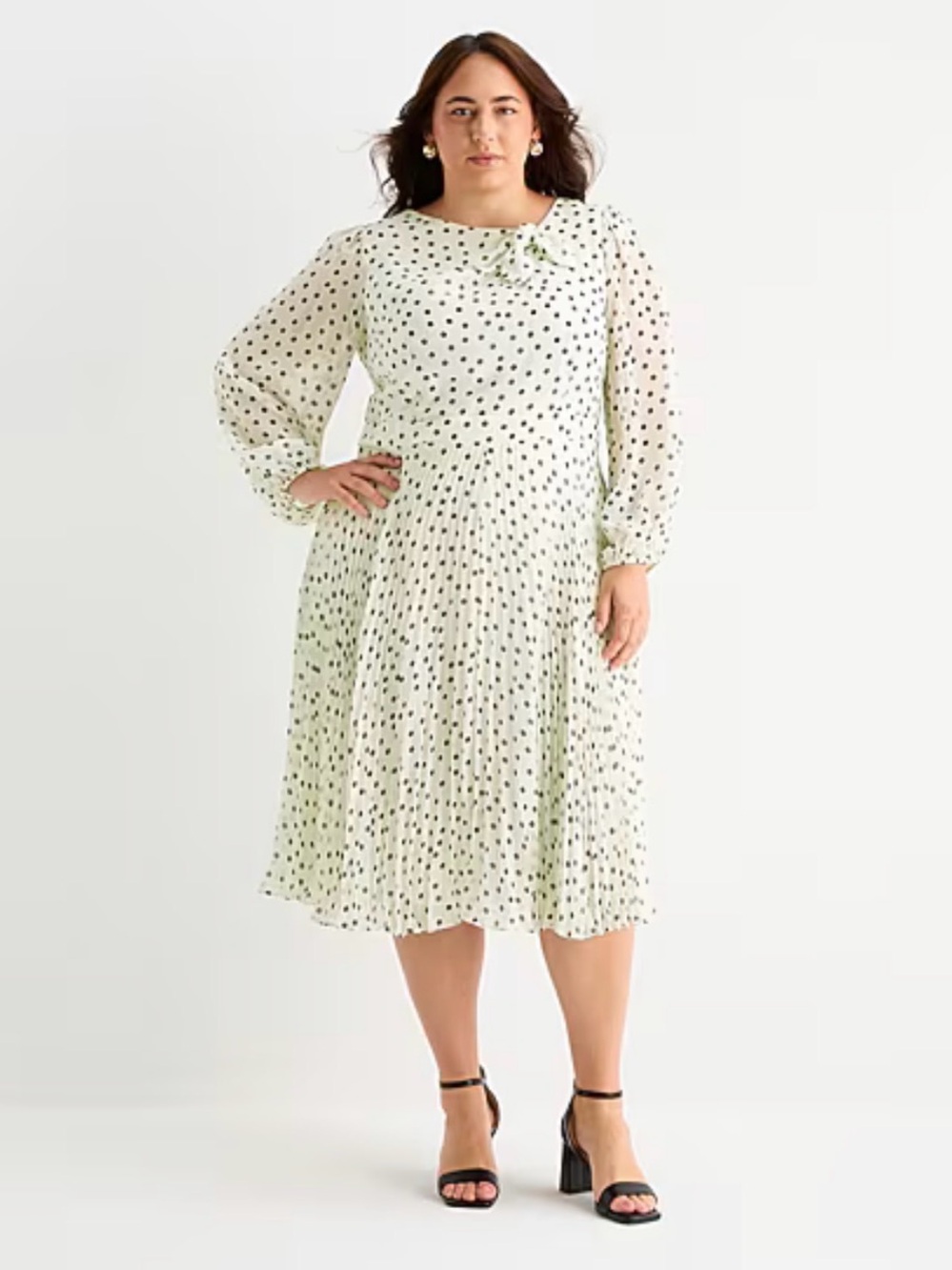 Polka Dot Long Sleeve Pleated Midi Dress - White/Black